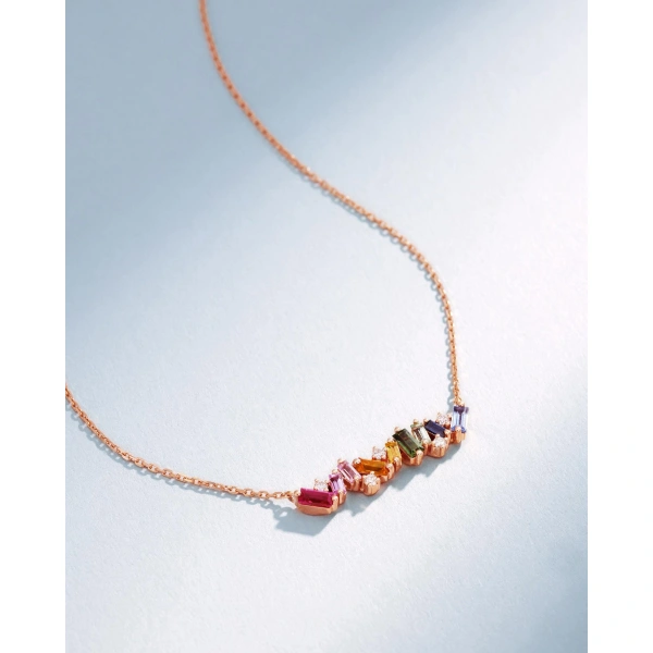 Suzanne Kalan Frenzy Rainbow Sapphire Bar Pendant in 18K Rose Gold | Fine Necklaces | Coveti