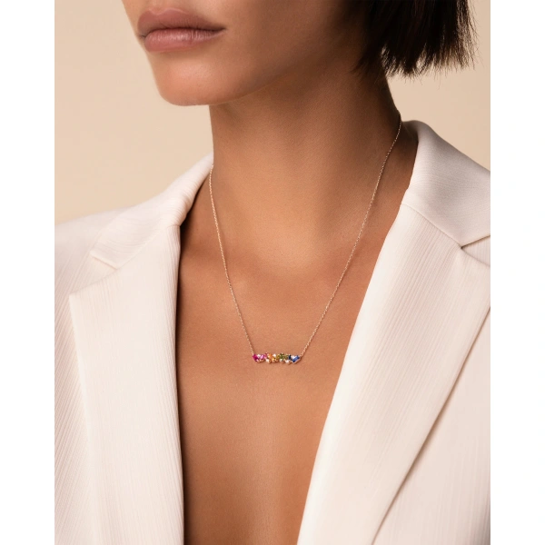 Suzanne Kalan Frenzy Rainbow Sapphire Bar Pendant in 18K Rose Gold | Fine Necklaces | Coveti