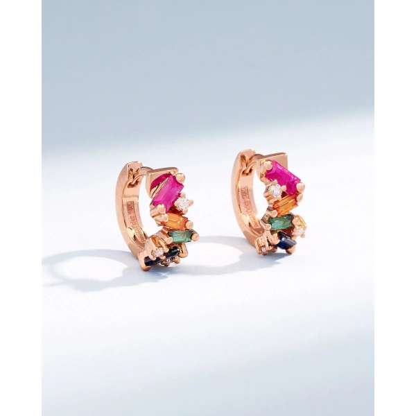 Suzanne Kalan Frenzy Rainbow Sapphire Huggies in 18K Rose Gold | Fine Earrings | Coveti