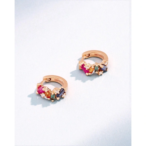 Suzanne Kalan Frenzy Rainbow Sapphire Huggies in 18K Rose Gold | Fine Earrings | Coveti