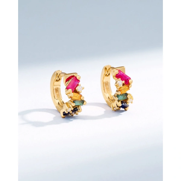 Suzanne Kalan Frenzy Rainbow Sapphire Huggies in 18K Yellow Gold | Fine Earrings | Coveti