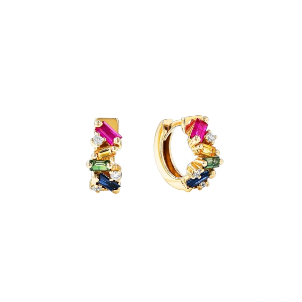 Suzanne Kalan Frenzy Rainbow Sapphire Huggies in 18K Yellow Gold | Fine Earrings | Coveti