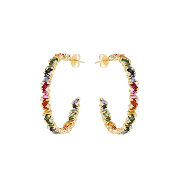 Suzanne Kalan Frenzy Rainbow Sapphire Milli Hoops in 18K Yellow Gold | Fine Earrings | Coveti