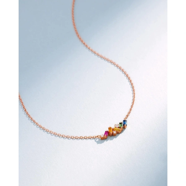Suzanne Kalan Frenzy Rainbow Sapphire Mini Bar Pendant in 18K Rose Gold | Fine Necklaces | Coveti