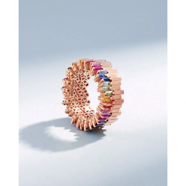 Suzanne Kalan Golden Midi Stacker Rainbow Sapphire Eternity Band in 18K Rose Gold | Fine Rings | Coveti