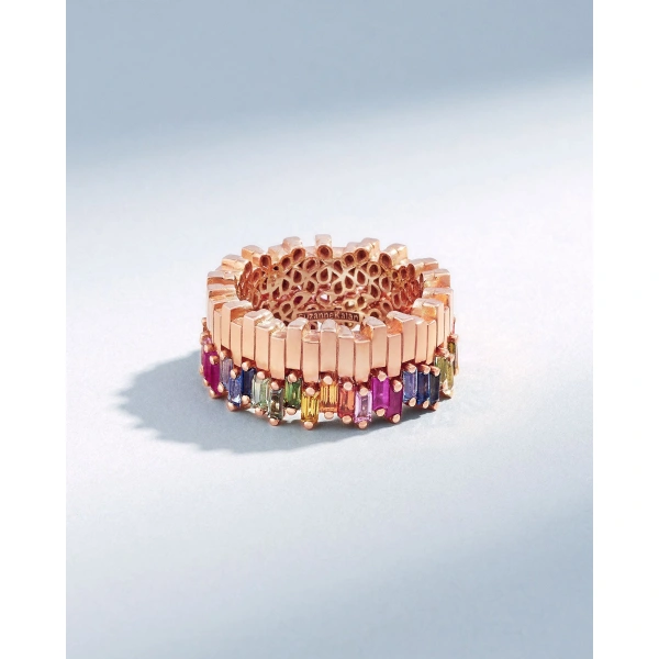 Suzanne Kalan Golden Midi Stacker Rainbow Sapphire Eternity Band in 18K Rose Gold | Fine Rings | Coveti