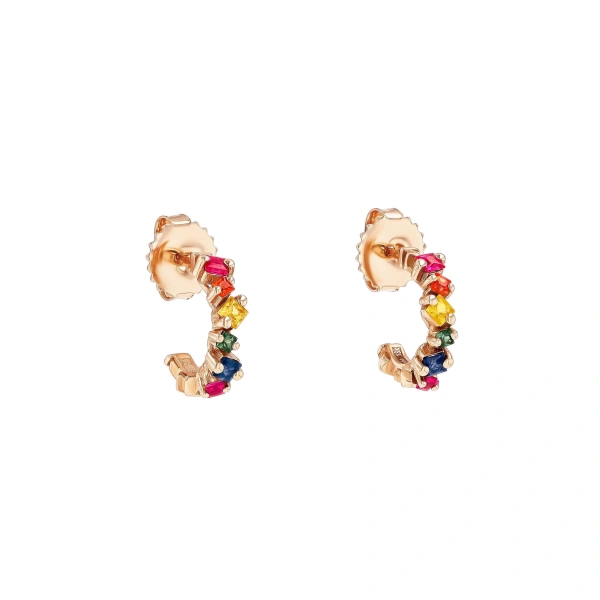 Suzanne Kalan Golden Rainbow Sapphire Mini Hoops in 18K Rose Gold | Fine Earrings | Coveti