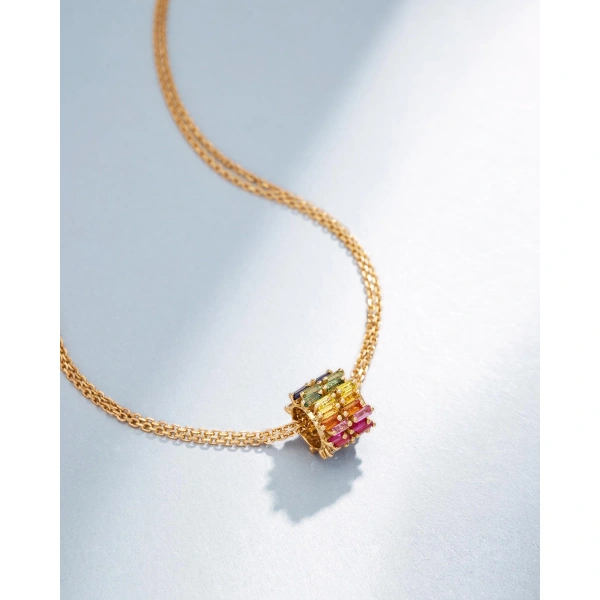 Suzanne Kalan Infinite Double Row Rainbow Sapphire & Diamond Rondelle Pendant in 18K Yellow Gold | Fine Necklaces | Coveti