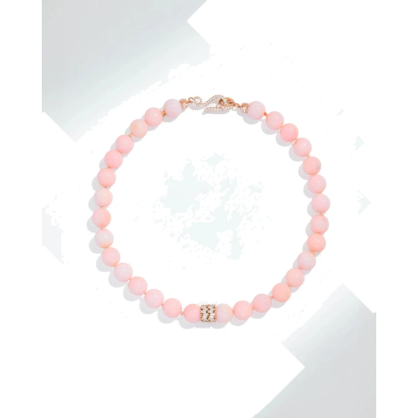 Infinite Large Beaded Pink Opal & Midi Diamond Rondelle Necklace in 18K Rose Gold