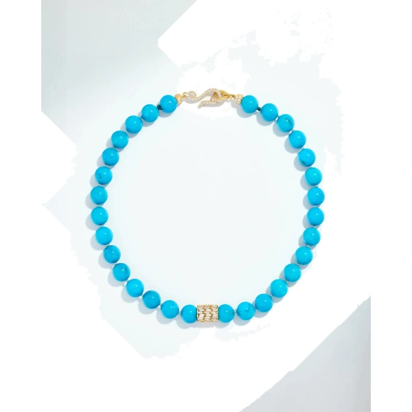 Infinite Large Beaded Turquoise & Milli Diamond Rondelle Necklace in 18K Yellow Gold