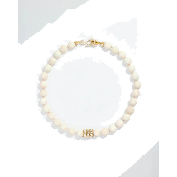 Infinite Large Beaded White Coral & Milli Diamond Rondelle Necklace in 18K Yellow Gold