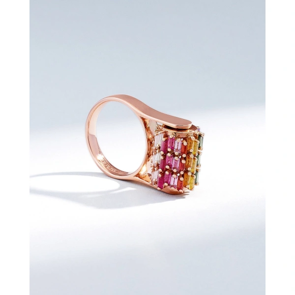 Suzanne Kalan Infinite Triple Row Rainbow Sapphire Spinner Ring in 18K Rose Gold | Fine Rings | Coveti