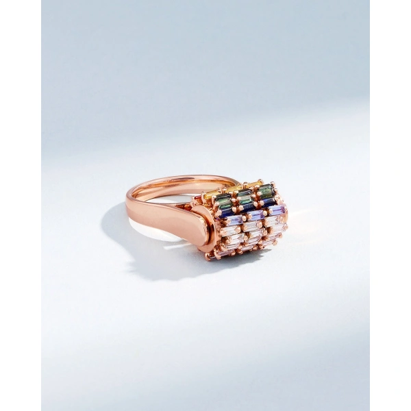 Suzanne Kalan Infinite Triple Row Rainbow Sapphire Spinner Ring in 18K Rose Gold | Fine Rings | Coveti
