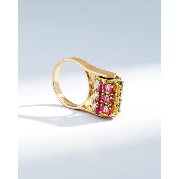 Suzanne Kalan Infinite Triple Row Rainbow Sapphire Spinner Ring in 18K Yellow Gold | Fine Rings | Coveti