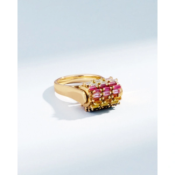 Suzanne Kalan Infinite Triple Row Rainbow Sapphire Spinner Ring in 18K Yellow Gold | Fine Rings | Coveti