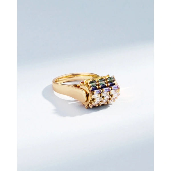 Suzanne Kalan Infinite Triple Row Rainbow Sapphire Spinner Ring in 18K Yellow Gold | Fine Rings | Coveti
