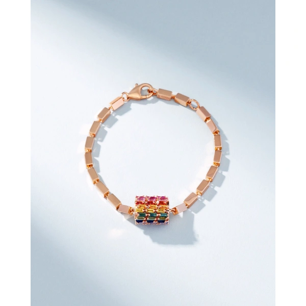 Suzanne Kalan Infinite Triple Row Rainbow Sapphire Thick Block-Chain Bracelet in 18K Rose Gold | Fine Bracelets | Coveti
