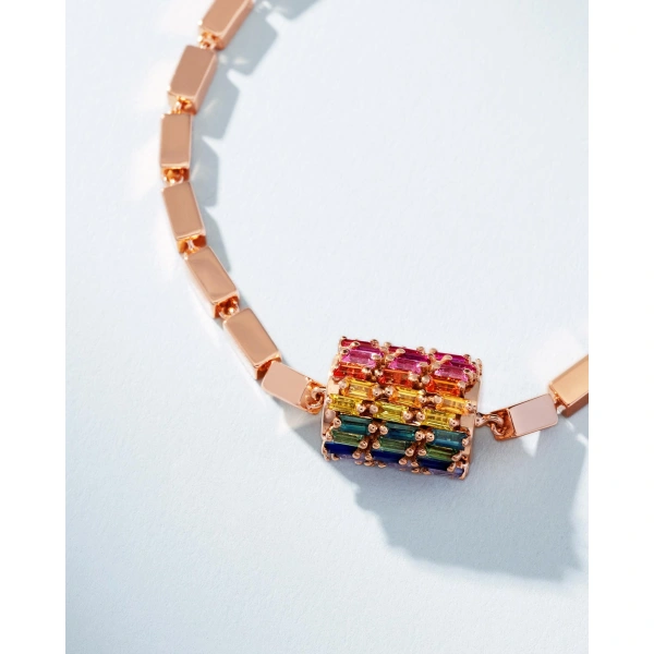 Suzanne Kalan Infinite Triple Row Rainbow Sapphire Thick Block-Chain Bracelet in 18K Rose Gold | Fine Bracelets | Coveti