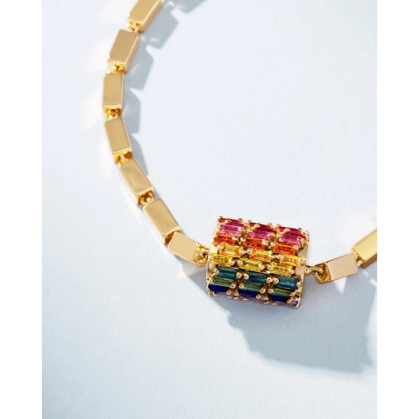 Suzanne Kalan Infinite Triple Row Rainbow Sapphire Thick Block-Chain Bracelet in 18K Yellow Gold | Fine Bracelets | Coveti