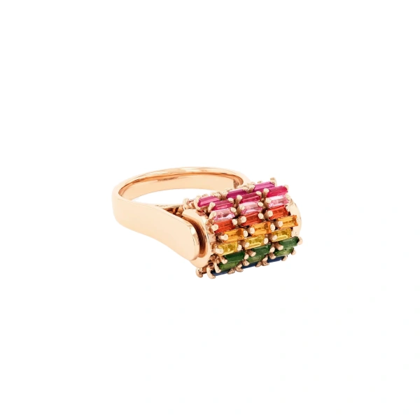 Suzanne Kalan Infinite Triple Row Spinner Ring in 18K Rose Gold, Rainbow Sapphire | Fine Rings | Coveti