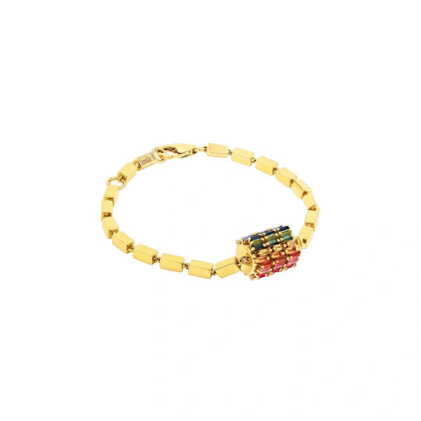 Infinite Triple Row Thick Block-Chain Bracelet in 18K Yellow Gold, Rainbow Sapphire