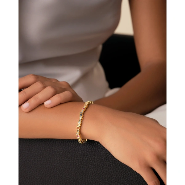 Suzanne Kalan Inlay Frenzy Rainbow Sapphire Bangle in 18K Yellow Gold | Fine Bracelets | Coveti