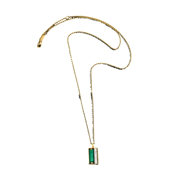 Inlay Gemstone & Diamond Medium Necklace in 18K Yellow Gold, Green Malachite