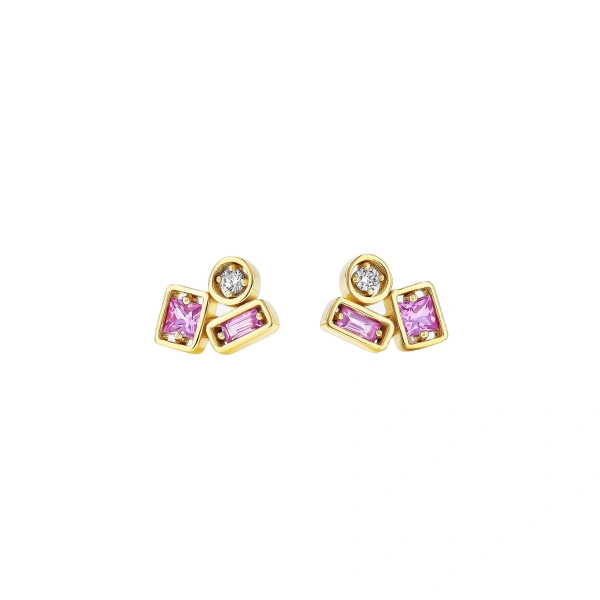 Suzanne Kalan Inlay Pink Sapphire Mini Studs in 18K Yellow Gold | Fine Earrings | Coveti