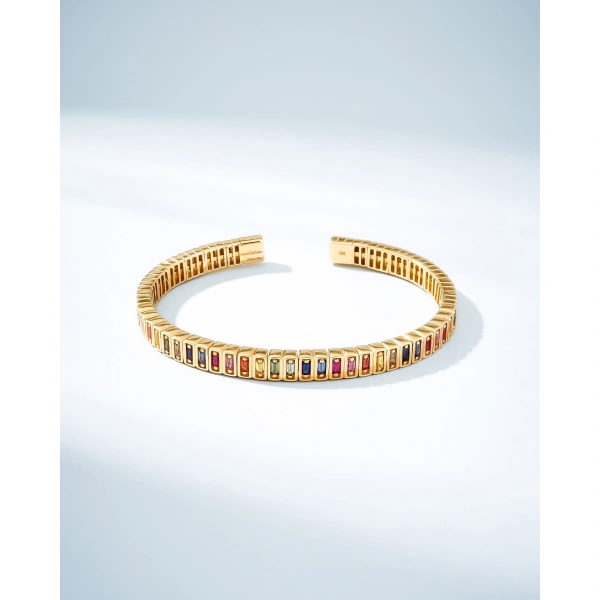 Suzanne Kalan Inlay Rainbow Sapphire Bangle in 18K Yellow Gold | Fine Bracelets | Coveti