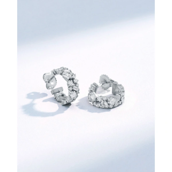 Suzanne Kalan La Fantaisie Diamond Mini Hoops in 18K White Gold | Fine Earrings | Coveti
