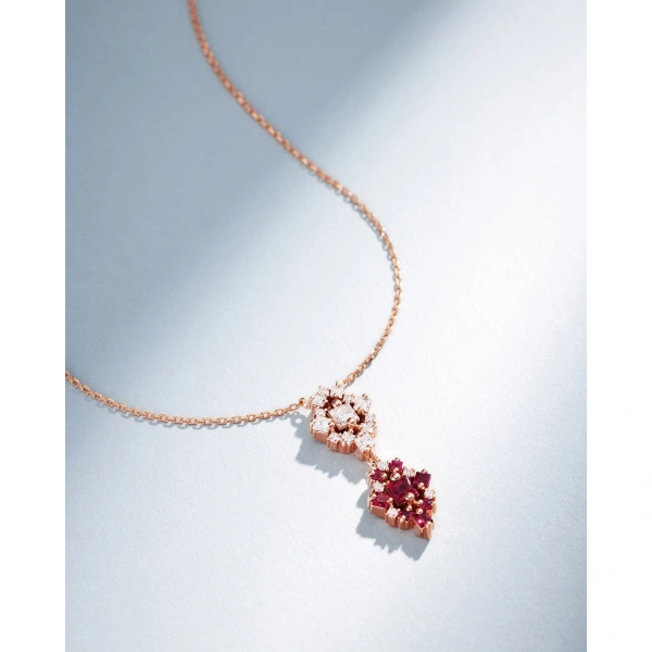 Suzanne Kalan La Fantaisie Double Star Diamond & Ruby Pendant in 18K Rose Gold | Fine Necklaces | Coveti