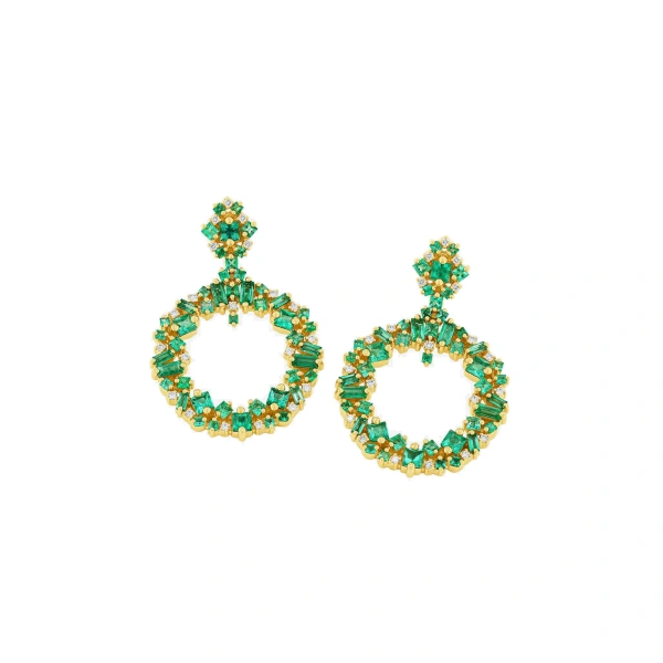 Suzanne Kalan La Fantaisie Eclipse Drop Earrings in 18K Yellow Gold, Emerald | Fine Earrings | Coveti