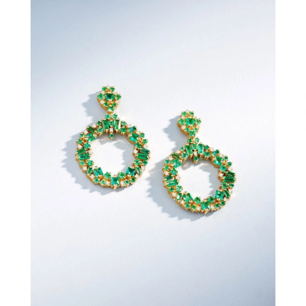 Suzanne Kalan La Fantaisie Eclipse Emerald Drop Earrings in 18K Yellow Gold | Fine Earrings | Coveti