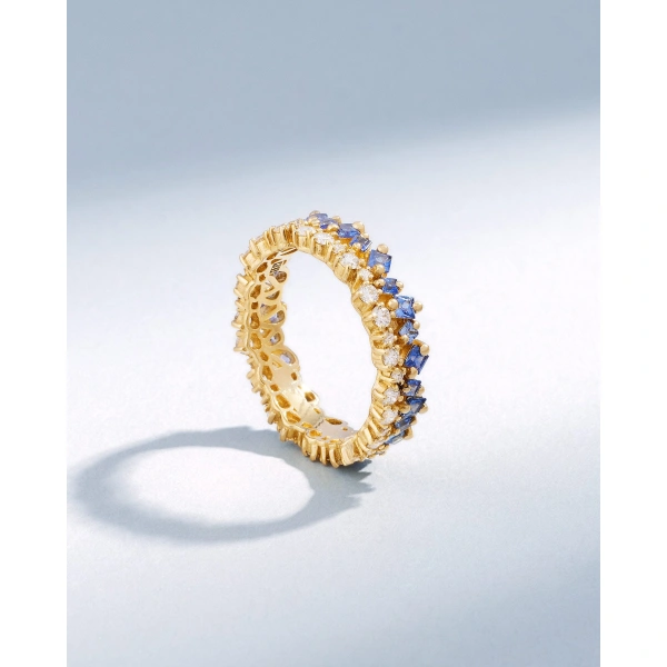 Suzanne Kalan La Fantaisie Short Stack Light Blue Sapphire Eternity Band in 18K Yellow Gold | Fine Rings | Coveti