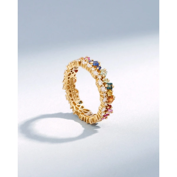 Suzanne Kalan La Fantaisie Short Stack Rainbow Sapphire Eternity Band in 18K Yellow Gold | Fine Rings | Coveti