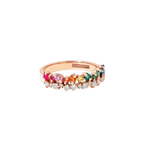 Suzanne Kalan La Fantaisie Short Stack Rainbow Sapphire Half Band in 18K Rose Gold | Fine Rings | Coveti