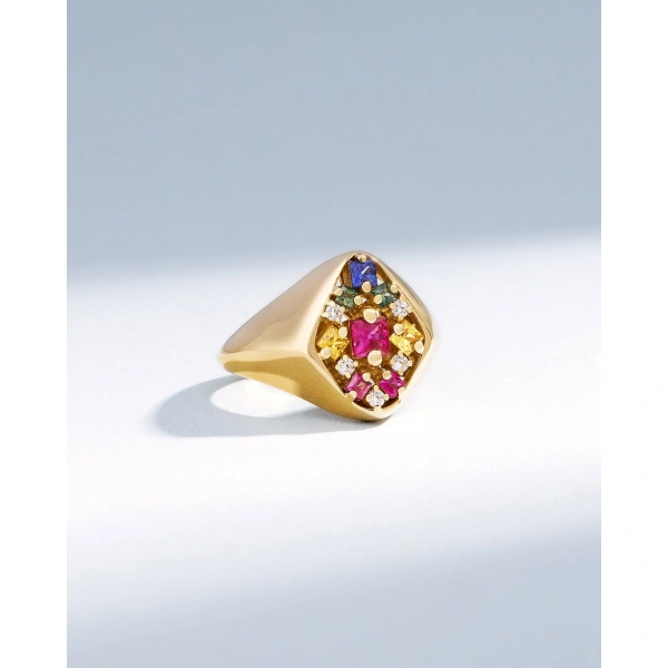 Suzanne Kalan La Fantaisie Star Rainbow Sapphire Signet Ring in 18K Yellow Gold | Fine Rings | Coveti