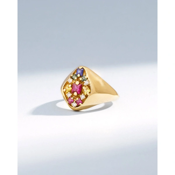 Suzanne Kalan La Fantaisie Star Rainbow Sapphire Signet Ring in 18K Yellow Gold | Fine Rings | Coveti