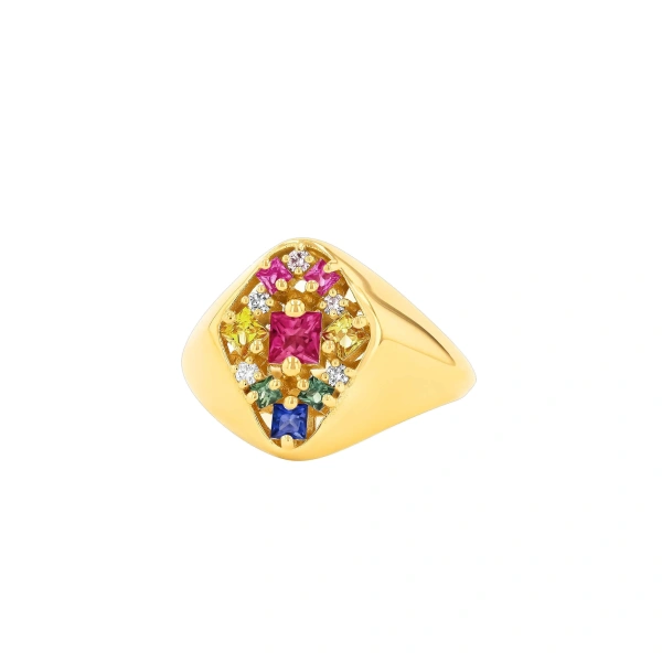 Suzanne Kalan La Fantaisie Star Rainbow Sapphire Signet Ring in 18K Yellow Gold | Fine Rings | Coveti