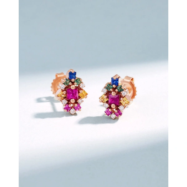Suzanne Kalan La Fantaisie Star Rainbow Sapphire Studs in 18K Rose Gold | Fine Earrings | Coveti