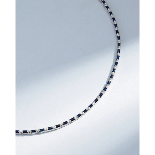 Suzanne Kalan Linear Full Dark Blue Sapphire Tennis Necklace in 18K White Gold | Fine Necklaces | Coveti