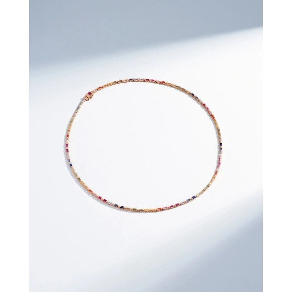 Suzanne Kalan Linear Full Rainbow Sapphire Tennis Necklace in 18K Rose Gold | Fine Necklaces | Coveti