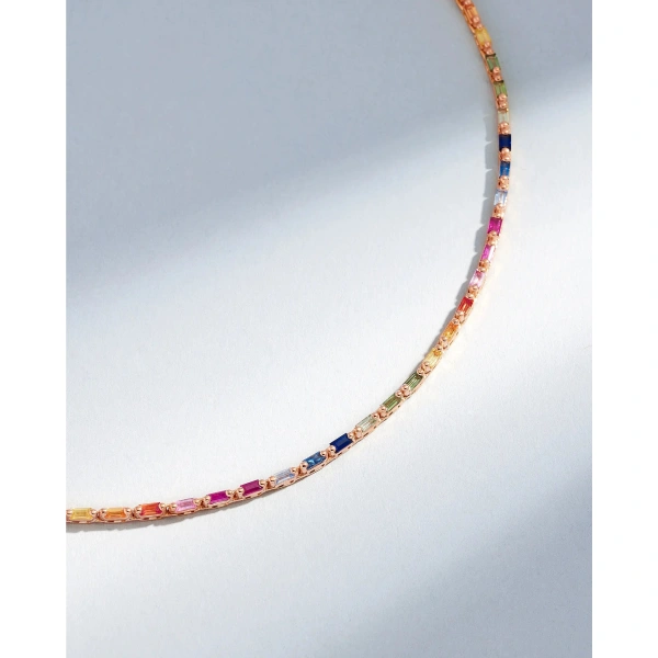 Suzanne Kalan Linear Full Rainbow Sapphire Tennis Necklace in 18K Rose Gold | Fine Necklaces | Coveti