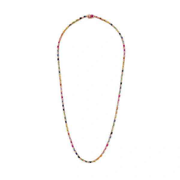 Suzanne Kalan Linear Full Rainbow Sapphire Tennis Necklace in 18K Rose Gold | Fine Necklaces | Coveti