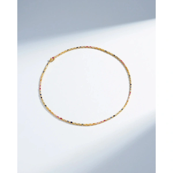 Suzanne Kalan Linear Full Rainbow Sapphire Tennis Necklace in 18K Yellow Gold | Fine Necklaces | Coveti