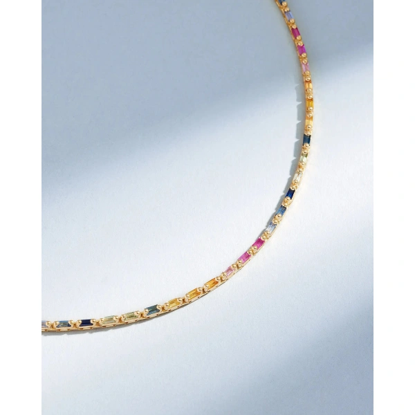 Suzanne Kalan Linear Full Rainbow Sapphire Tennis Necklace in 18K Yellow Gold | Fine Necklaces | Coveti