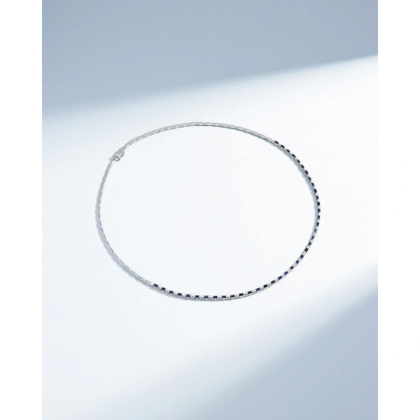Suzanne Kalan Linear Half Dark Blue Sapphire Tennis Necklace in 18K White Gold | Fine Necklaces | Coveti