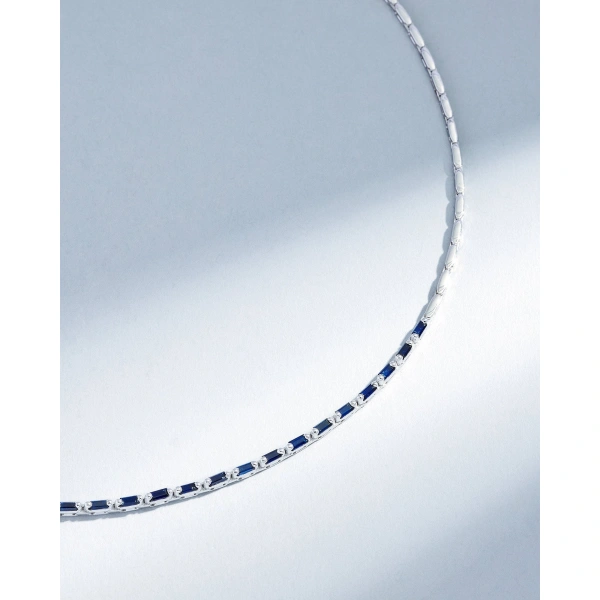 Suzanne Kalan Linear Half Dark Blue Sapphire Tennis Necklace in 18K White Gold | Fine Necklaces | Coveti