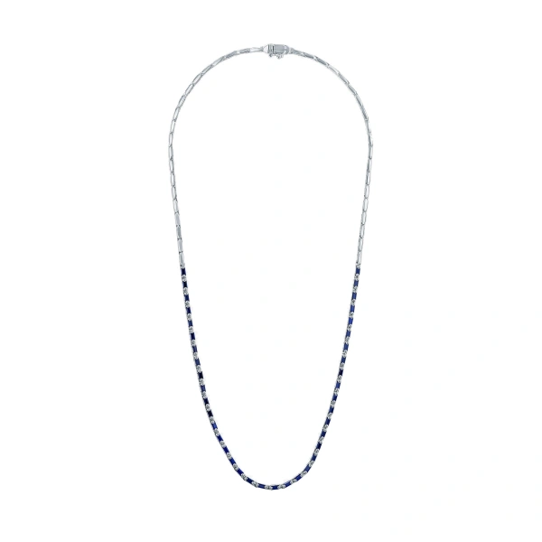 Linear Half Dark Blue Sapphire Tennis Necklace in 18K White Gold