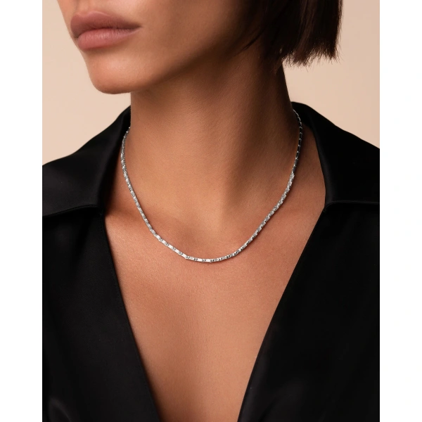 Suzanne Kalan Linear Half Diamond Tennis Necklace in 18K White Gold | Fine Necklaces | Coveti